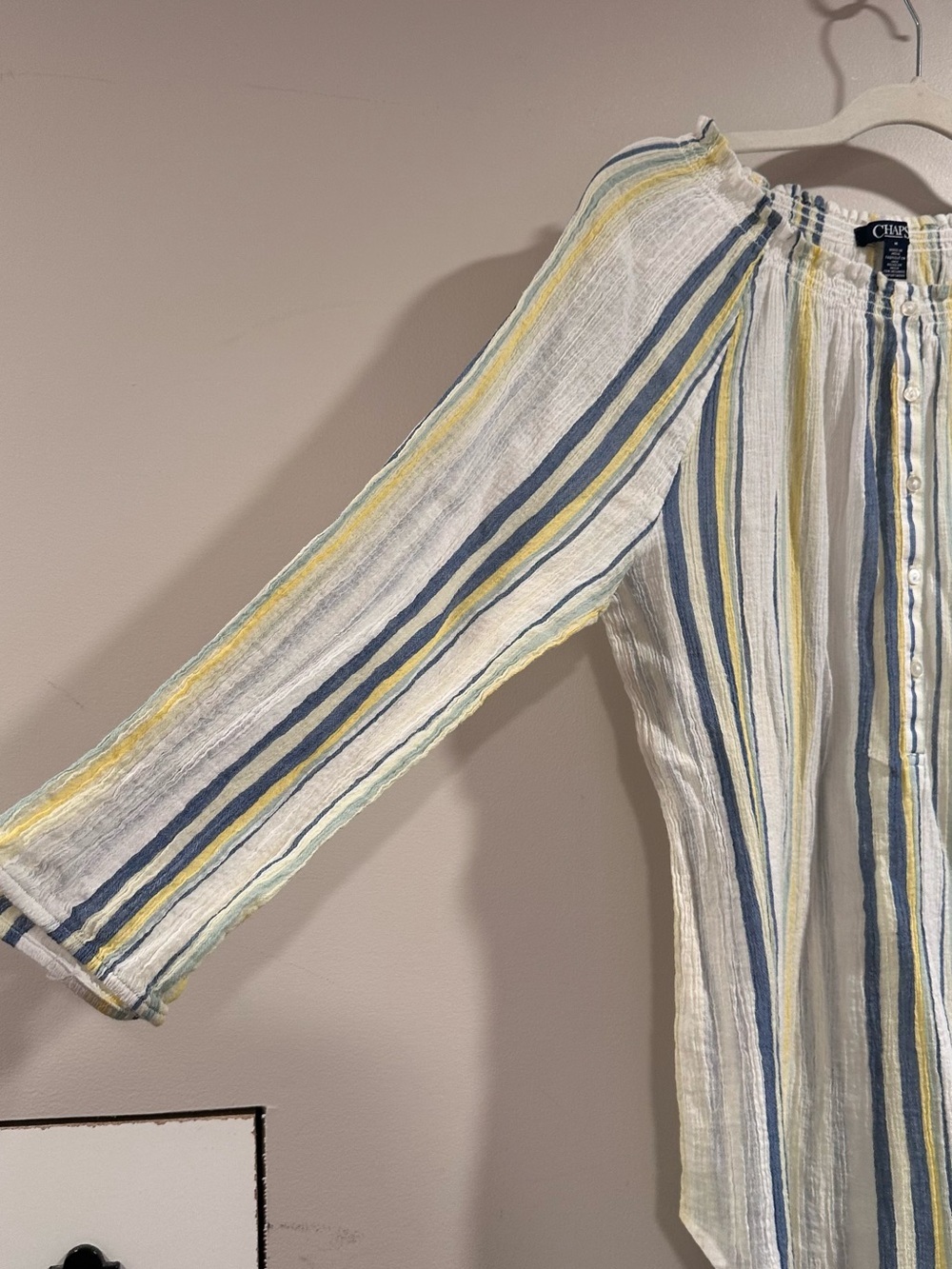 Chaps Women's Blue & Yellow Striped Lulu Peasant Stretchy Blouse Top Size Medium - Picture 7 of 15